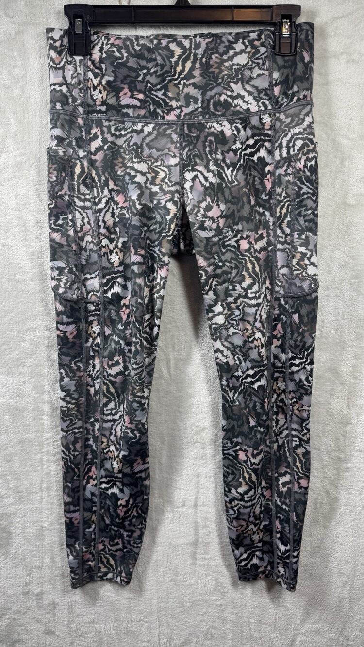 Athleta Women Medium Ultimate Stash 7/8 Tight Leggings Print Grey Pink Pockets